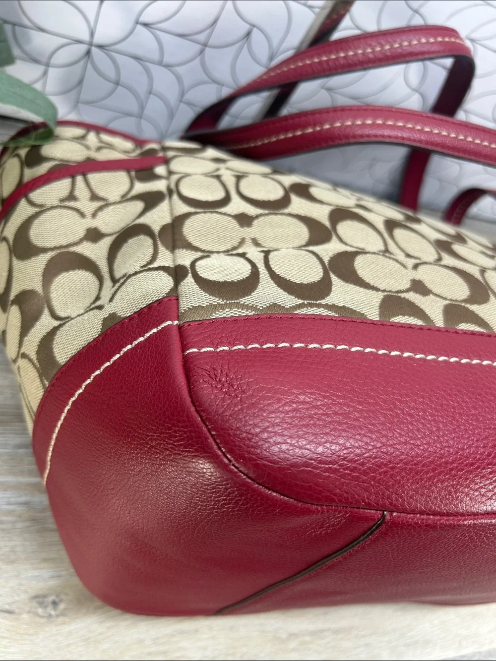 Coach Signature Canvas Tote with Red Leather Trim